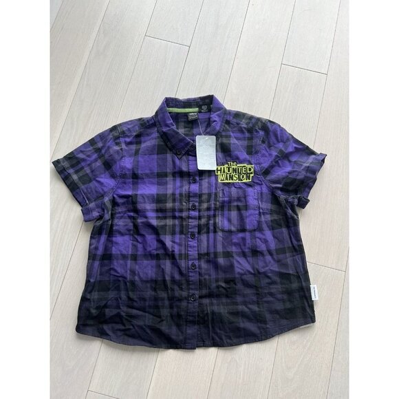 NWT Disney Her Universe Haunted Mansion Hitchhiking Ghosts Purple Plaid Shirt L - Picture 2 of 2